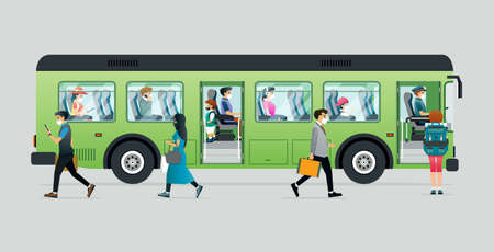 People wear masks to prevent disease while traveling on buses.のイラスト素材