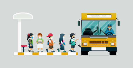 All students put on protective masks and board the school bus.のイラスト素材