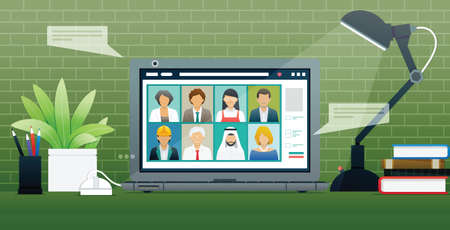Workers use laptops to communicate via the Internet.のイラスト素材
