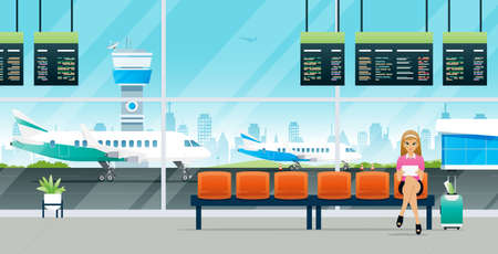 A female passenger waiting to get on the plane with luggage.のイラスト素材