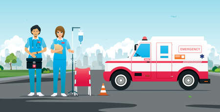 Emergency team with vehicles and first aid equipment.のイラスト素材