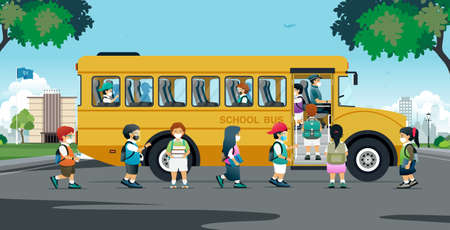 All students put on protective masks and boarded the school bus home.のイラスト素材