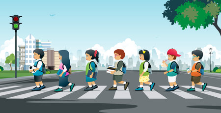 Students walking on a crosswalk with traffic lights.のイラスト素材