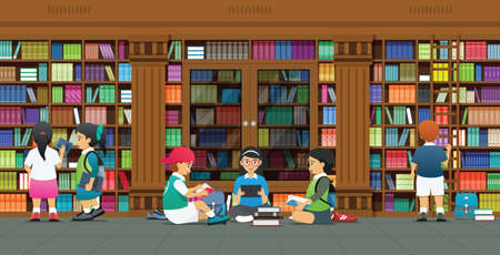 Male and female students researching information in the library.のイラスト素材