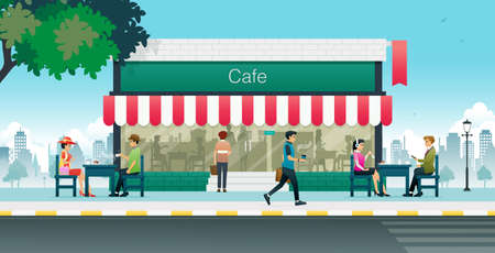 Male and female workers eating in city cafes.のイラスト素材