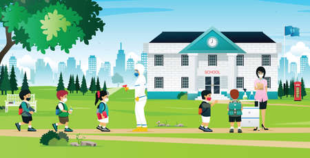 Medical staff in PE clothing are measuring students' temperatures.のイラスト素材