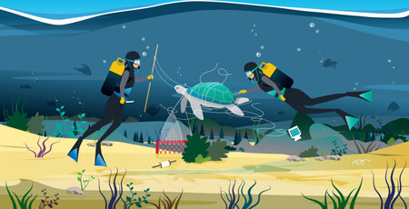 A diver is helping out a net that wraps sea turtles.のイラスト素材