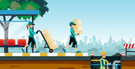 A worker was carrying a carton without knowing that the sewer was repairing.のイラスト素材