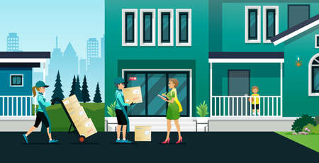 Employees deliver products to customers at their addresses safely.のイラスト素材