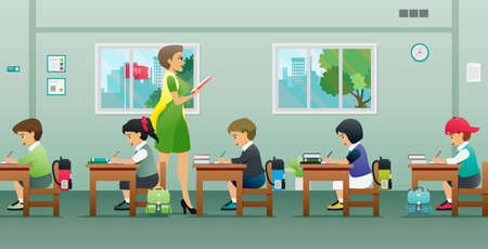 The teacher is teaching the students in the classroom.のイラスト素材