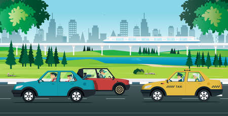 Urban car traffic with an electric train running through a park.のイラスト素材