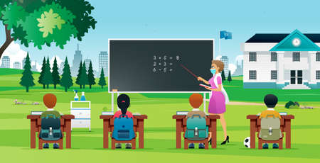 Teachers teach students outside of the classroom to prevent the spread of Covid-19 in schools.のイラスト素材