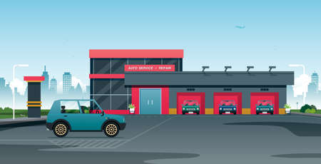 The car waits for a mechanic to check at the repair center.のイラスト素材