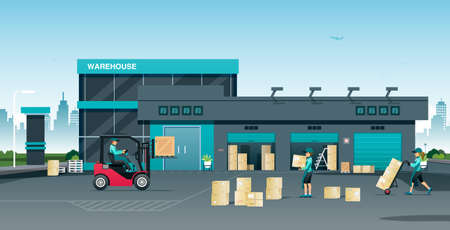 Employees are preparing to distribute products to customers in the warehouse.のイラスト素材