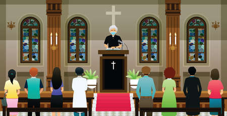 Priests and citizens were required to wear masks to prevent COVID 19 when attending church.のイラスト素材