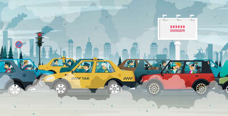 People driving in cities are exposed to traffic jams and air pollution.のイラスト素材