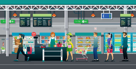 People are lining up to pay for goods in supermarkets.のイラスト素材