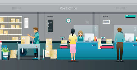 People are sending parcels to the counter staff in the post office.のイラスト素材