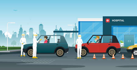 Hospitals open for people to drive in to detect COVID-19.のイラスト素材