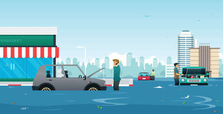 A man called a mechanic to consult the car breakdown from the flood.のイラスト素材