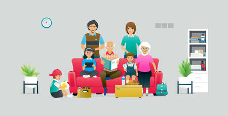 A large family has members sitting on a sofa against a gray background.のイラスト素材