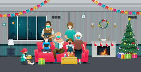 Large families celebrate Christmas wearing masks to prevent the spread of COVID-19.のイラスト素材