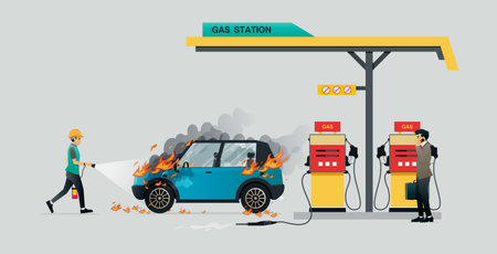 An employee is extinguishing a fire that burns a car while refueling.のイラスト素材