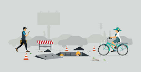 Workers are repairing pipes in a street with people passing.のイラスト素材