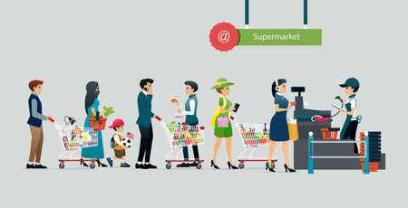 People line up to pay in supermarkets with gray backdrops.のイラスト素材