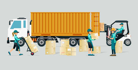 Employees help to transport goods into truck containers.のイラスト素材