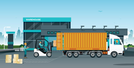 Employees are checking goods to be loaded onto trucks in the warehouse.のイラスト素材