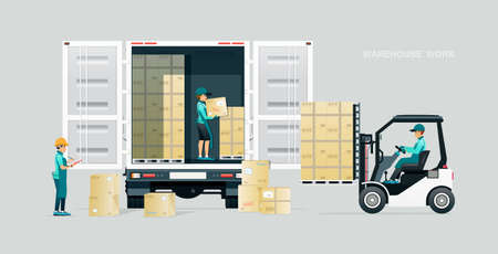 Warehouse workers inspect and deliver goods by truck.のイラスト素材