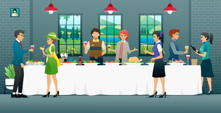 Men and women celebrating at a party in a hotel.のイラスト素材