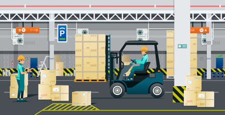 Warehouse workers are checking and sorting the goods safely.のイラスト素材