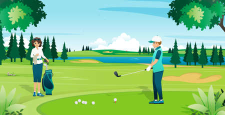 Golfers and caddies practice their golf driving swing on the course.のイラスト素材