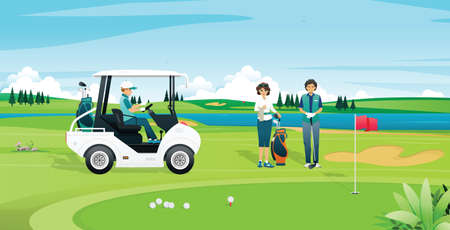 Businessman drives a golf cart to play with friends and caddy.のイラスト素材