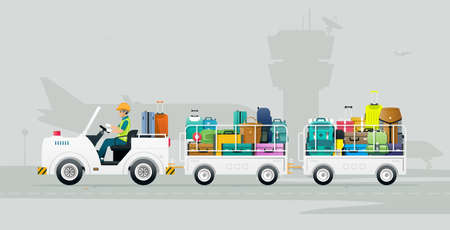 A worker drives a truck carrying luggage onto a plane at the airport.のイラスト素材
