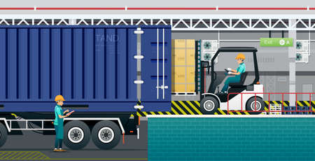 A forklift driver is loading goods into a truck in a warehouse.のイラスト素材
