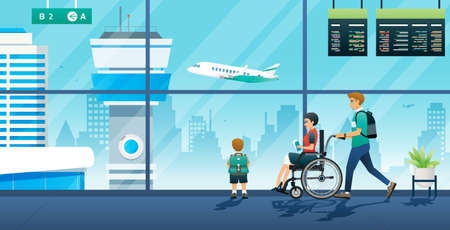 Families of people with disabilities use air travel for tourism.のイラスト素材