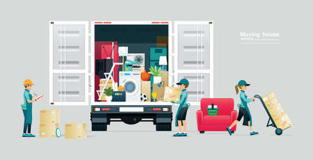 Workers are moving household appliances from trucks.のイラスト素材
