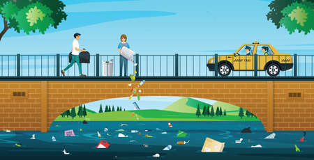 Women and men dumping rubbish into a river crossed by a bridge.のイラスト素材
