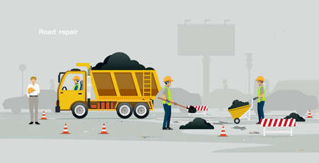 A worker is repairing a damaged road surface with a gray background.のイラスト素材
