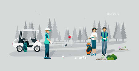 Golfer practicing hitting golf ball on field with gray background.のイラスト素材