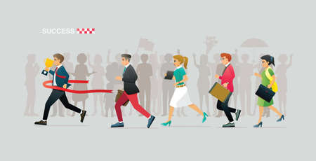 Business men and women running for success against a gray background.のイラスト素材