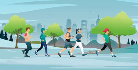 People who are women and men are jogging in the city park.のイラスト素材