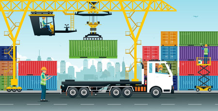 Workers control and inspect containers loaded on trucks.のイラスト素材