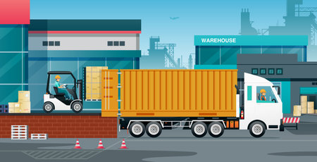 Workers loading goods into trucks with containers.のイラスト素材