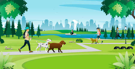 People take their pets for walks and vacations in the city parks.のイラスト素材