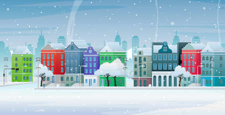 Old buildings on the side of a snowy city street.のイラスト素材