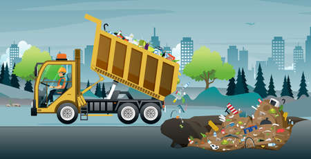 Workers pour rubbish into pits to cover up trash.のイラスト素材